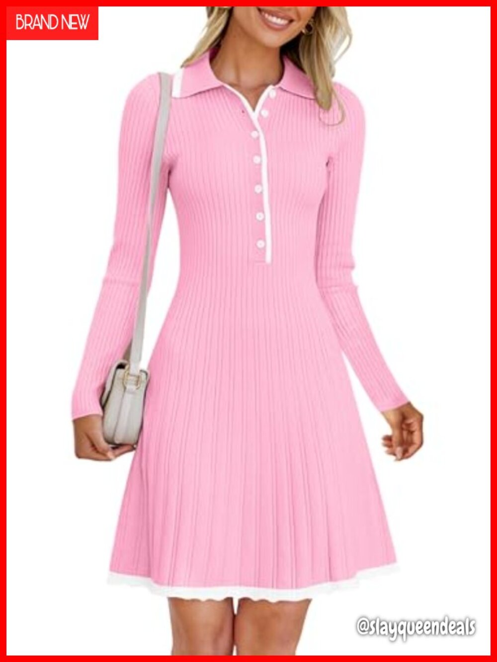 MEROKEETY Pleated Knit Mini Sweater Dress V-Neck Long Sleeve Button Down